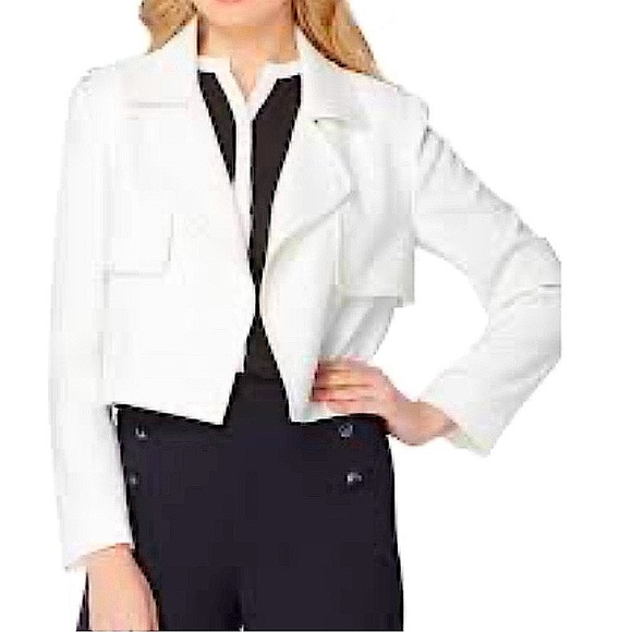 Tahari Cropped Trench Blazer Jacket White with Gold Detail button Shoulders 12P - Picture 4 of 12
